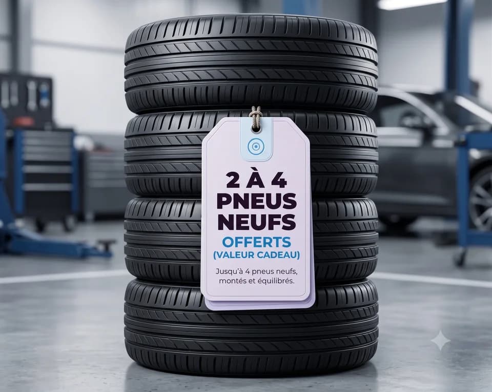 2 à 4 pneus neufs offerts - Jusqu'à 4 pneus neufs, montés et équilibrés